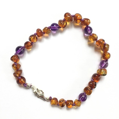 Adult Adjustable Cognac Amber  and Amethyst Bracelet